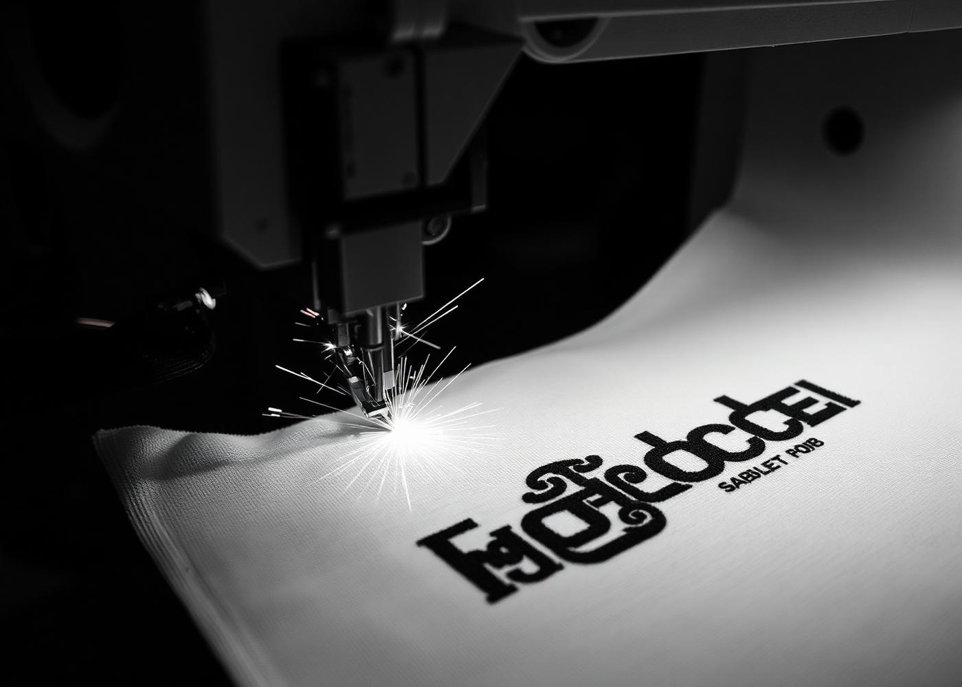 Industrial embroidery machine customizing a logo on fabric
